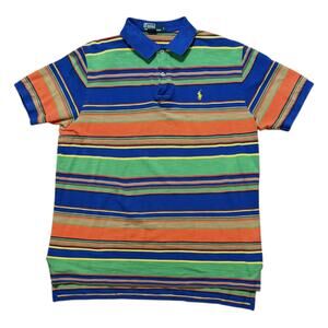 VTG Y2K Polo Ralph Lauren Polo Shirt Mens Green Blue Orange Yellow Stripes Sz L